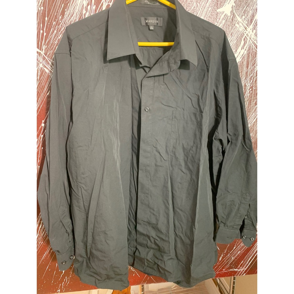 Marquis Mens Black Long Sleeve Button Down Dress Shirt 19.5 34-35 Cotton Blend